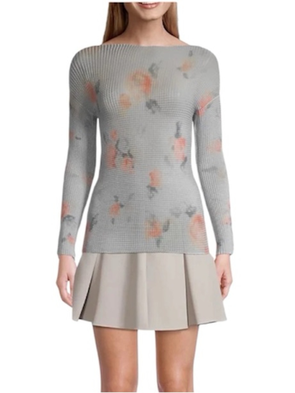 EMPORIO ARMANI Printed Micro Floral Plisse Top Stretch Boat Neck